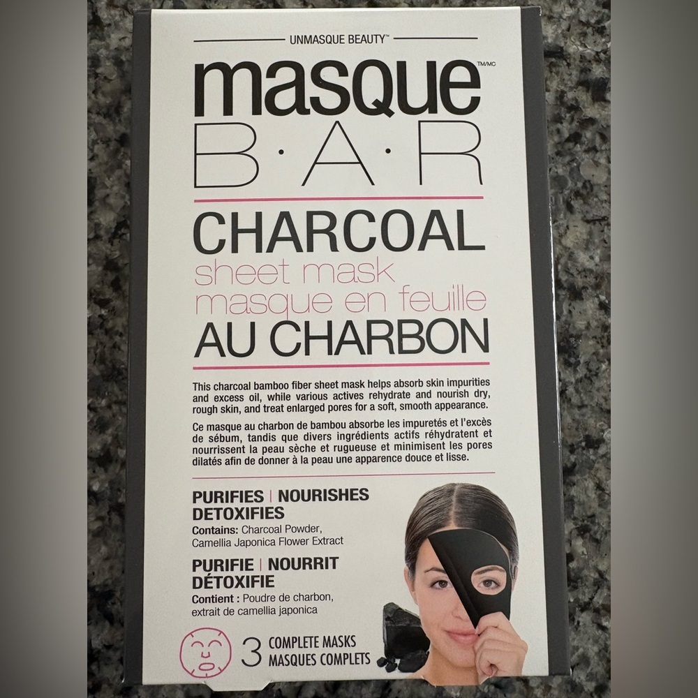 New in box- Unmasque Beauty charcoal sheet mask, 3 pack